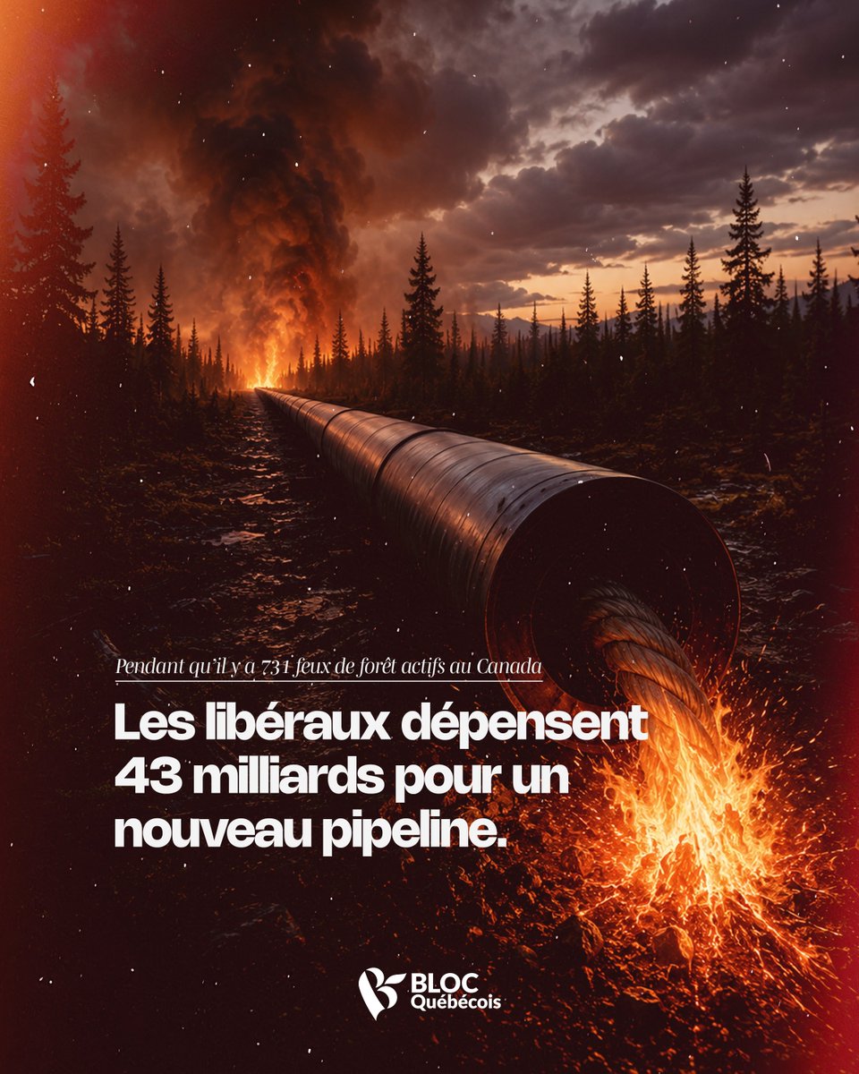 BlocQuebecois's tweet photo. Alors que la planète surchauffe et que nous en subissons tous les effets, les libéraux agissent en pyromanes climatiques. Payer des milliards à même nos taxes pour un nouveau pipeline alors que l’avenir est électrique, ça n’apportera rien aux Québécois. https://t.co/tpsMuBKUuI