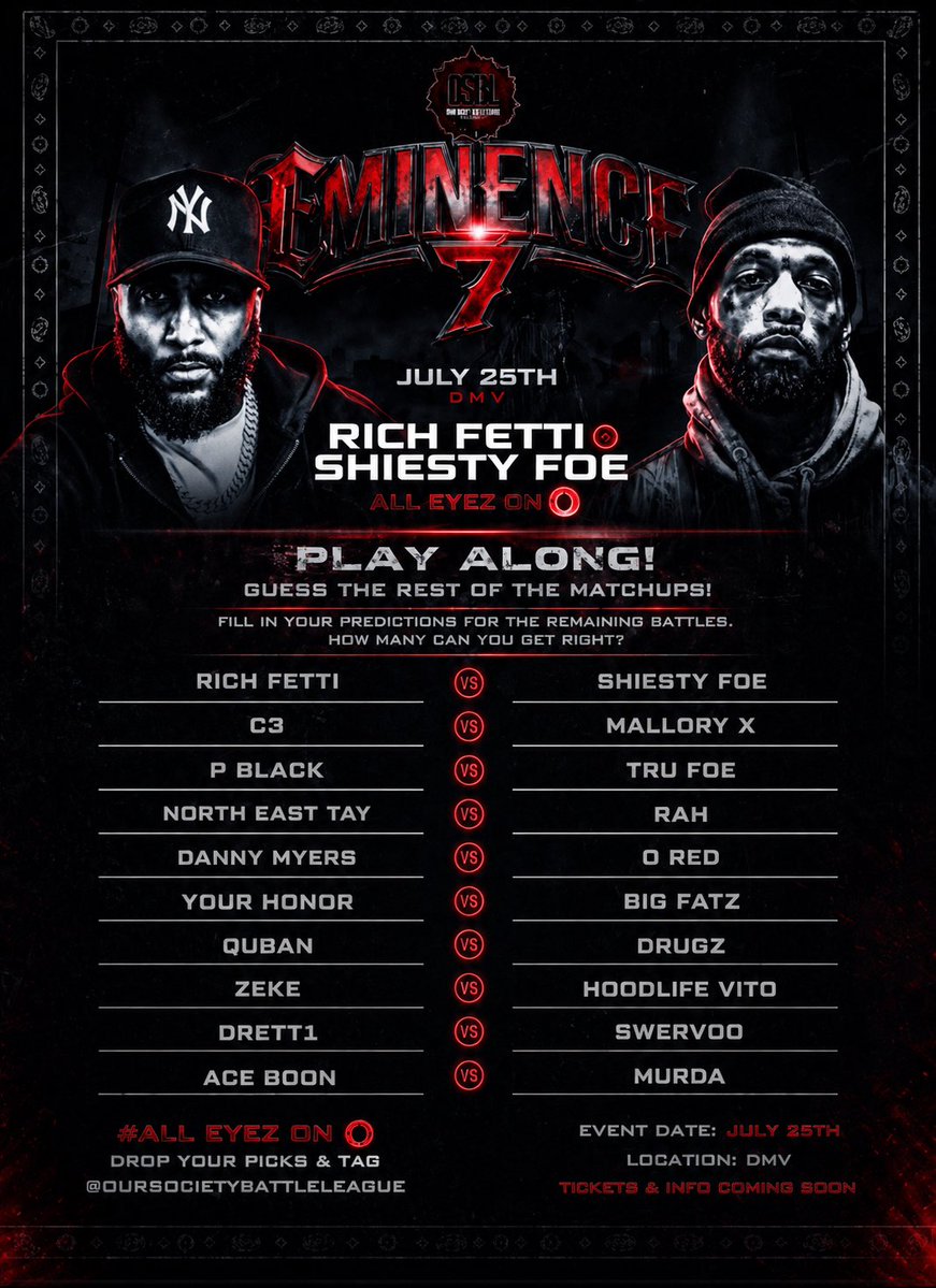 FACEMALONE's tweet photo. 📝 Fill out the play-along
@Its_OurSociety @____Kelz____ @_WildboySteveo_
#MADHOUSE🤬🏚️ #PREDICTIONS
🔥 Bragging rights go to whoever gets the most matchups right.
#Eminence7 #AllEyezOnO #OSBL #OurSocietyBattleLeague #BattleRap #DMVBattleRap #GuessTheCard #PlayAlong #July25 #BattleRapCulture