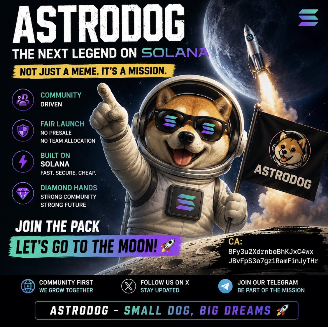 AstroDogXX's tweet photo. Meet ASTRODOG ๐ถ๐ โ a Solana meme coin built for a strong community, fair launch, and long-term growth.
No presale. No false promises. Just a community aiming for the stars. ๐
Join the pack early
#ASTRODOG #Solana #Memecoin #Crypto #SOL #CryptoCommunity #ToTheMoon ๐๐ https://t.co/YYgyW5A6xP