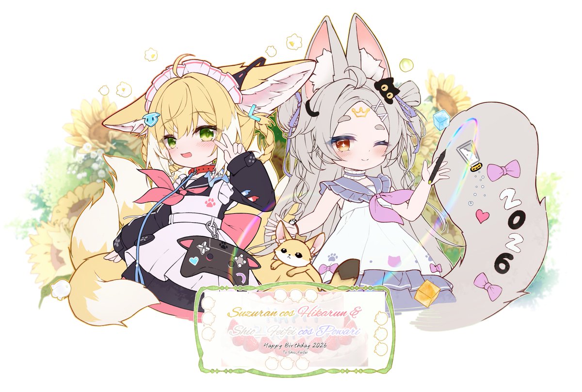 hehehzb's tweet photo. Suzuran cos Hikarun &amp; Shiofeifei cos Powari 
Happy Birthday To Shiofeifei 260704 🦊🐱🎮🎀🎂
#VRCイラスト #アークナイツ https://t.co/dEdSrwdAIO