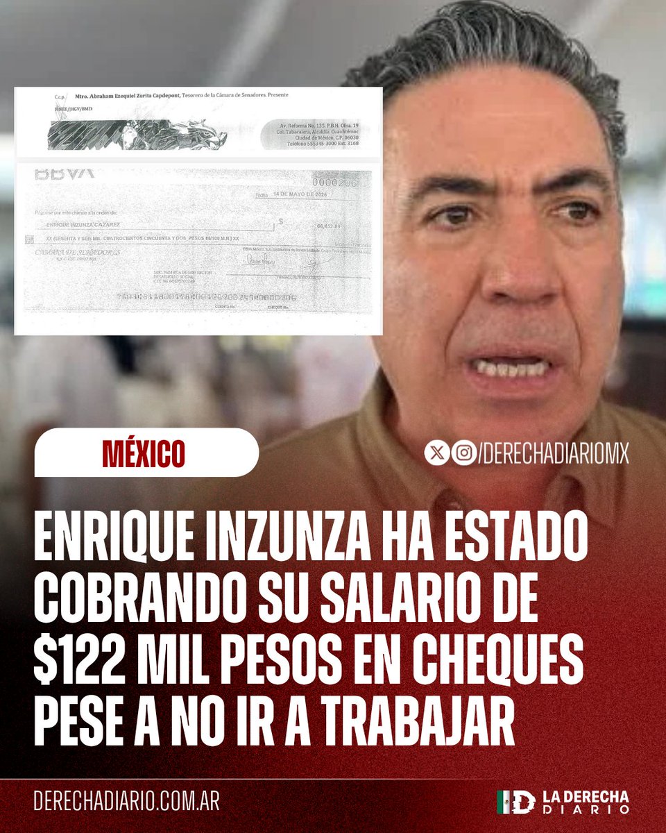 DerechaDiarioMX's tweet photo. 🚨🇲🇽 | El narcosenador Enrique Inzunza ha estado cobrando su salario de 122 mil pesos a través de cheques en un banco, pese a no ir a trabajar, tras haber sido acusado por EE.UU. de nexos con el Cártel de Sinaloa, reveló @jorgegogdl. https://t.co/NbgLhFj9KT