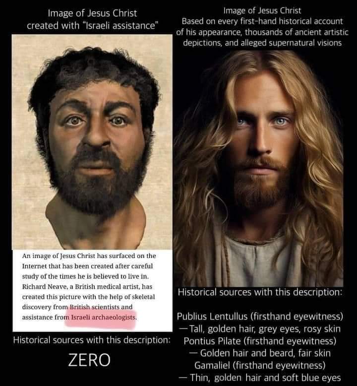 TranSparentC4US's tweet photo. @SledgeHammerHor @WiseAle2 What evidence do you have that Jesus wasn’t white? Saying he was “middle eastern” isn’t proof of anything. He was the son of god, his appearance was not limited to his geographical location. https://t.co/SJJuZ3mEjV