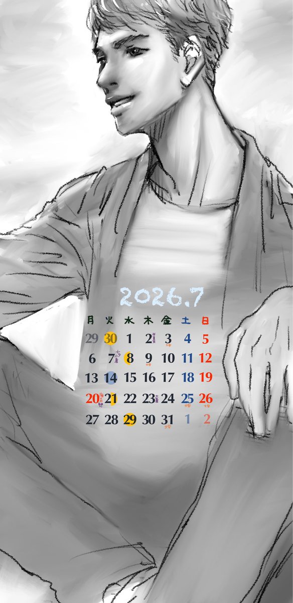 separeESTbleu's tweet photo. 2026年7月カレンダー
月曜始まり日曜始まり
右半分黄色は上弦の月、黄色い丸は満月、
左半分黄色は下弦の月、グレーは新月 https://t.co/f5m68eE4Fb