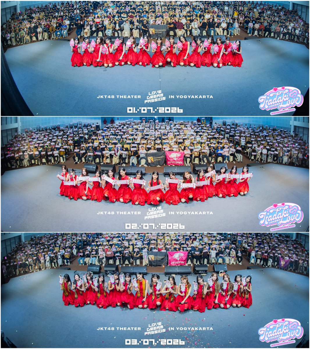 viiccc89's tweet photo. JKT48 Theater Sementara • Yogyakarta
Team LOVE 💗 : Itadaki Love

• Day-1 • (01/07/26)
Fiony, Indah, Lia, Alya, Elin, Gracie, Michie, Fritzy, Lana, Lily, Nayla, Trisha
-Bonus song : Andai 'Ku Bukan Idola (Fiony : center)

• Day-2 • (02/07/26)
Fiony, Indah, Lia, Anindya, Cathy, Cynthia, Elin, Gracie, Michie, Fritzy, Lana, Trisha
-Bonus song : Dakishimecha Ikenai (Fiony : center)

• Day-3 • (03/07/26)
Fiony, Indah, Lia, Alya, Elin, Gracie, Michie, Fritzy, Lana, Lily, Nayla, Trisha
-Bonus song : [1] Cosmos no Kioku (Fiony & Michie : center)
[2] Heavy Rotation (Fiony : center)

Members Not Performing All 3 Days 
Alya : 2 (Day-1, 3)
Lily : 2 (Day-1, 3)
Nayla : 2 (Day-1, 3)
Anindya : 1 (Day-2)
Cathy : 1 (Day-2)
Cynthia : 1 (Day-2)

#JKT48TheaterSementaraDIY
#JKT48Love