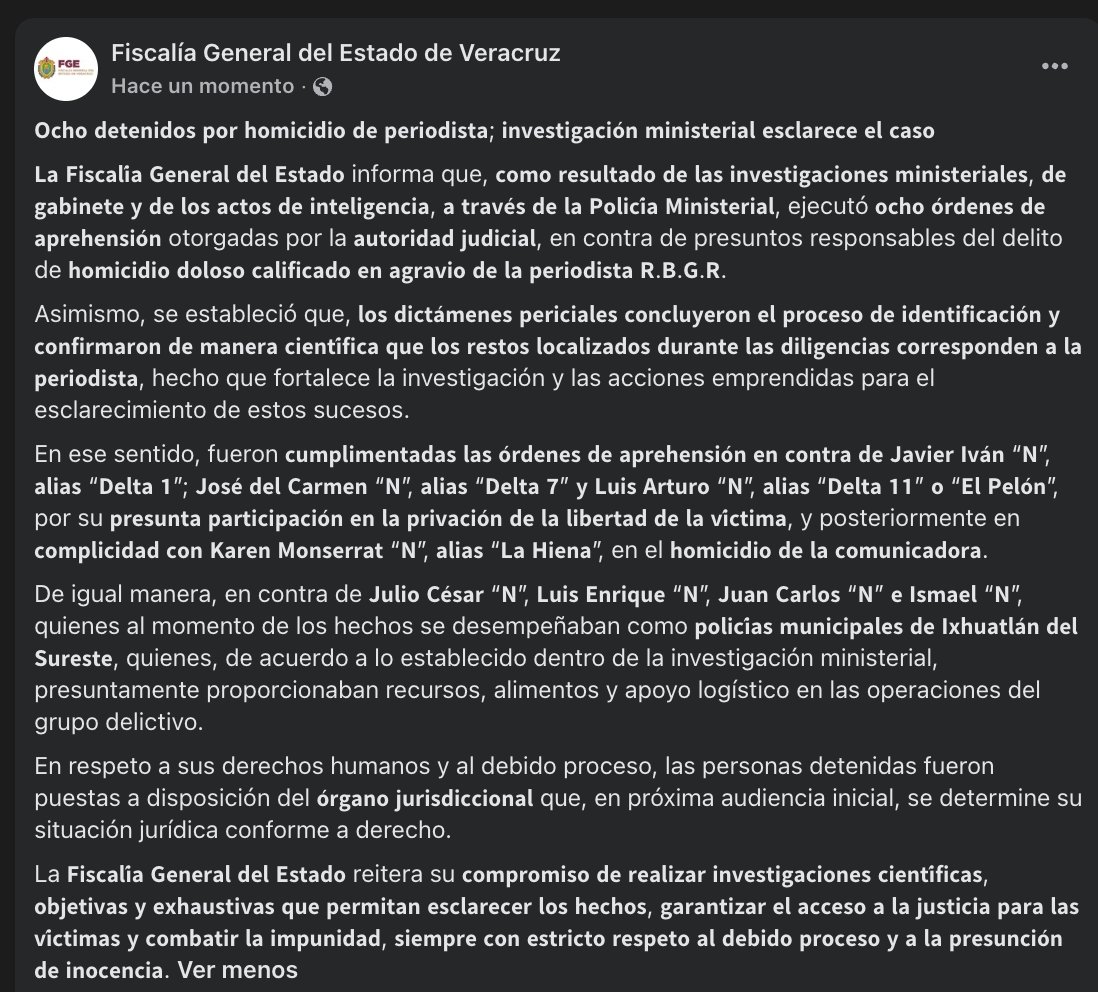 azucenau's tweet photo. 🚨 #ÚltimaHora | Fiscalía de Veracruz confirma asesinato de la periodista Roxana Berenice Guzmán Ramírez

La fiscalía informó que los dictámenes periciales concluyeron que los restos localizados corresponden a la comunicadora.

Se han ejecutado 8 órdenes de aprehensión en contra de los presuntos responsables del homicidio doloso.