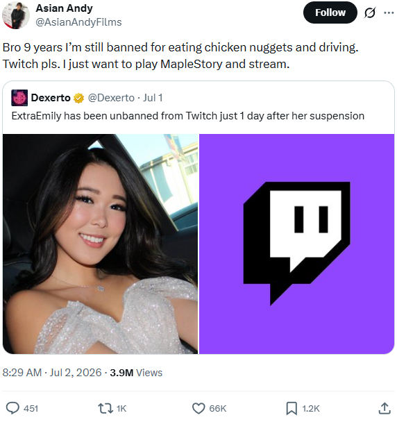 JakeSucky's tweet photo. Former Twitch streamer Asian Andy showed he has been banned for over 9 years for "distracted driving"

Twitch unbanned ExtraEmily after less than 24 hours https://t.co/JHj5O3Xtwp