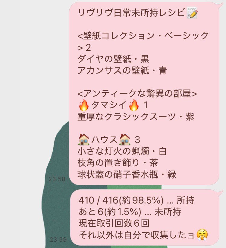 Chao__zu's tweet photo. LINEにひとりごとのタブ作ってゲームの進捗メモに使ってるんだけど、ちゃんと見直したらリヴリヴの日常レシピ収集率これで激アツ❤️‍🔥
残りは何とかムスタ氏から入手したいところ……頼んだぞムスタ氏…… https://t.co/11NalabLlJ
