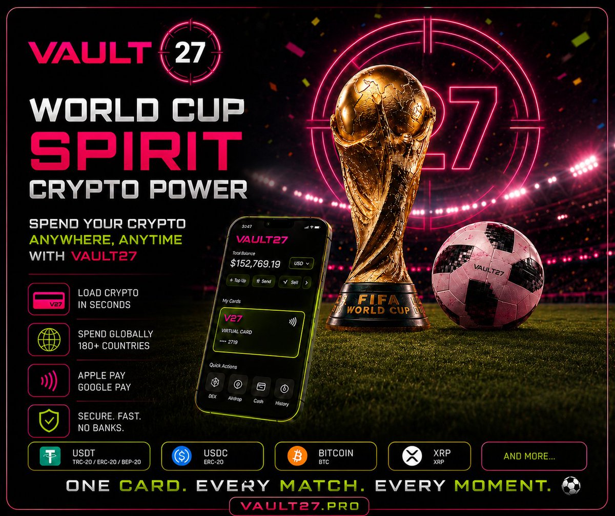 Vault27Pro's tweet photo. 🏆 One Card. Every Match. Every Moment.

Load your card in seconds and spend your supported digital assets around the world.

🌍 180+ countries
📱 Apple Pay &amp; Google Pay compatible
💳 Virtual card available after approval

#Vault27 #WorldCup #CryptoCard #Web3 #SpendCrypto https://t.co/KrbwtmWOpY