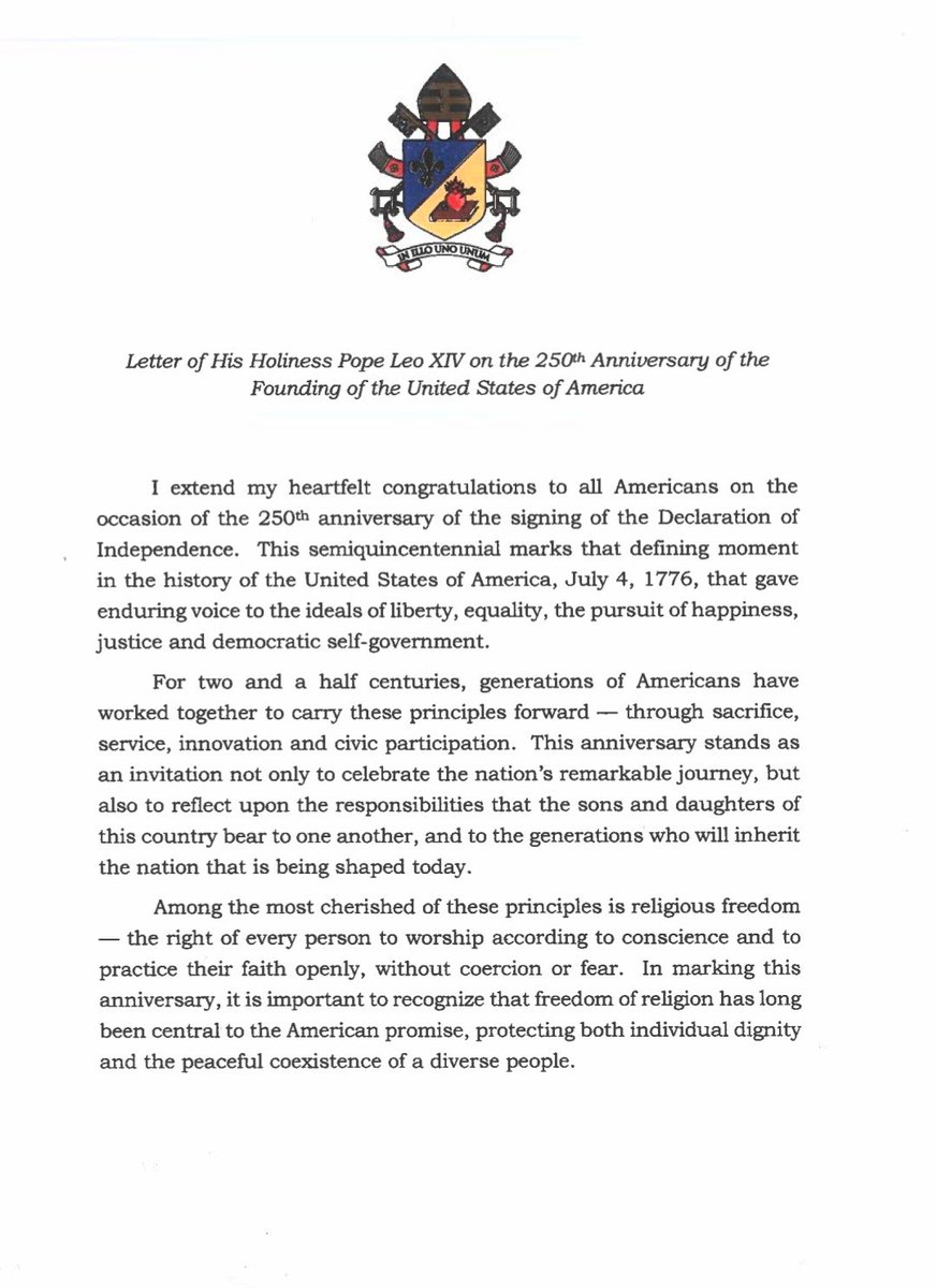RichRaho's tweet photo. NEW: Pope Leo has written a letter to the US marking its 250th Anniversary; Leo writes: “Defending human life also includes welcoming, protecting, and assisting immigrants.. “ https://t.co/PuLn5wJNkO