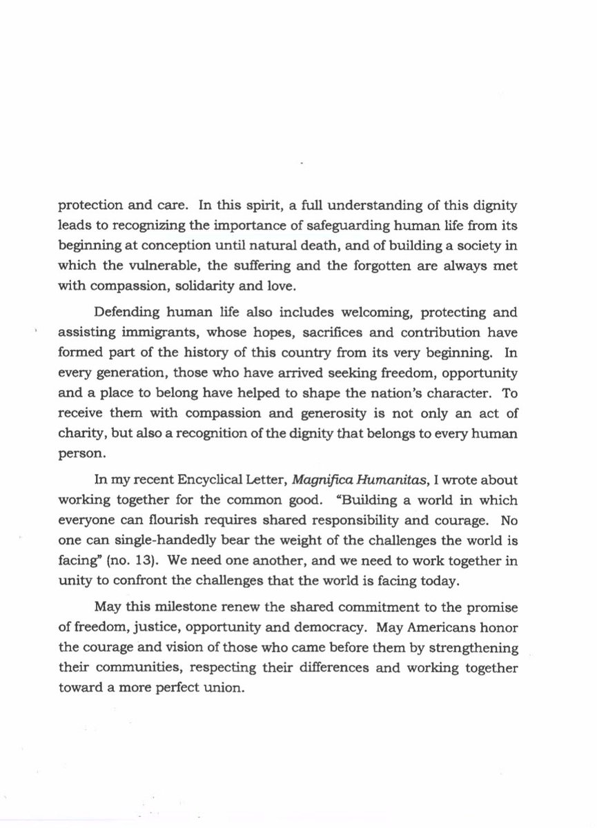 RichRaho's tweet photo. NEW: Pope Leo has written a letter to the US marking its 250th Anniversary; Leo writes: “Defending human life also includes welcoming, protecting, and assisting immigrants.. “ https://t.co/PuLn5wJNkO