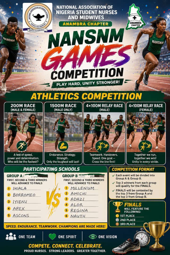 _UC_trade's tweet photo. The National Association of Nigerian Student Nurses and Midwives (NANSNM), Anambra State Chapter, has officially released the schedule for the upcoming sports competition.

I'm excited to announce that our school, Anambra State College of Nursing Sciences, Nkpor, will make its https://t.co/3U9T6WMHhB