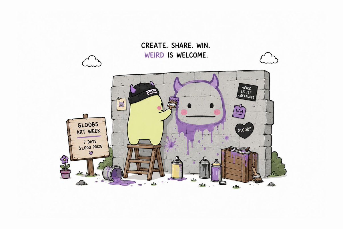 TheGloobs's tweet photo. 👻🎨 Gloobs Art Week begins.

The Gloobs escaped the sketchbook…
now we want to see where YOUR imagination takes them.

Create a Gloob in your own style:
✏️ Art
🌀 Animation
🧸 3D
😂 Memes
✨ Anything weird & creative

🏆 $1,000 Prize Pool

🥇 $500
🥈 $300
🥉 $200

Rules:
• Create your own Gloob artwork
• Post it on X
• Tag @TheGloobs
• Use #GloobsArtWeek

You don’t need to own a Gloob to join.
Everyone can create. Everyone can be weird.

⏳ 7 days.

Show us your weird little creature. 👻