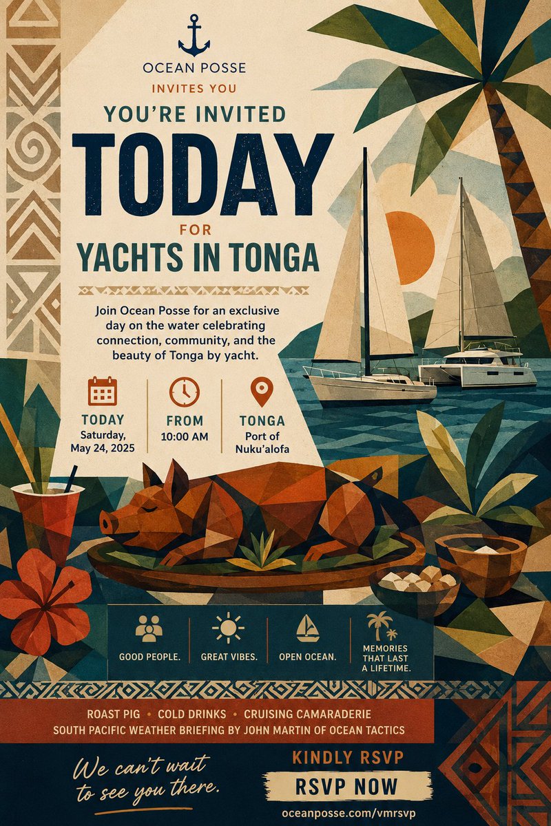 oceanposse's tweet photo. Cruisers in #Tonga! Join us in Vava'u on July 4 for a gathering of sailors from across the South Pacific

Good company, local food, cruising stories &amp; a South Pacific weather briefing by John Martin (Ocean Tactics).
Open to all yachts. Please RSVP
https://t.co/Nh3KtjUBGU
#Sailing https://t.co/XvBe9UkLrT