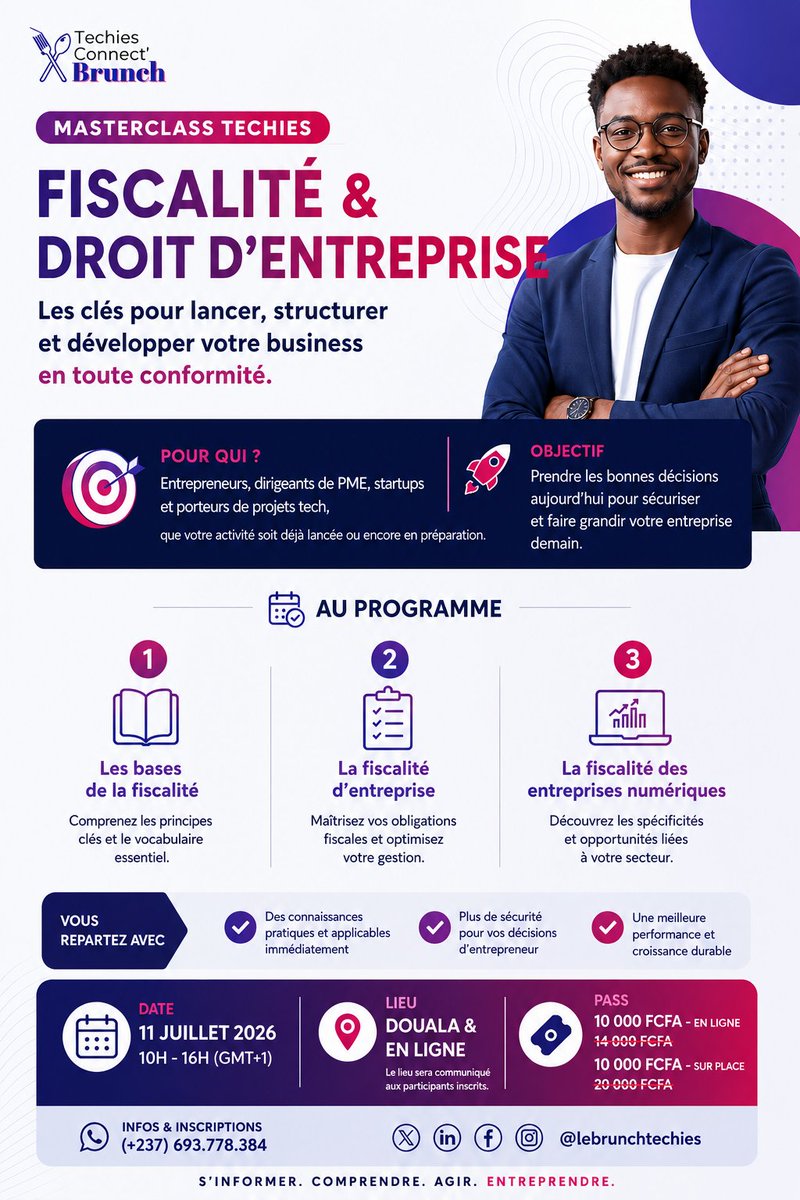 lebrunchtechies's tweet photo. Bonne nouvelle !

Notre Masterclass Fiscalité &amp; Droit d'Entreprise est désormais accessible à 10 000 FCFA, en ligne comme en présentiel.

📅 11 juillet | 10h–16h

🎁 Une place en présentiel à gagner.

réserve ici 👉: https://t.co/Ua7mlqhptk...

#TechiesConnect #Entrepreneuriat https://t.co/eiSknQvNQD