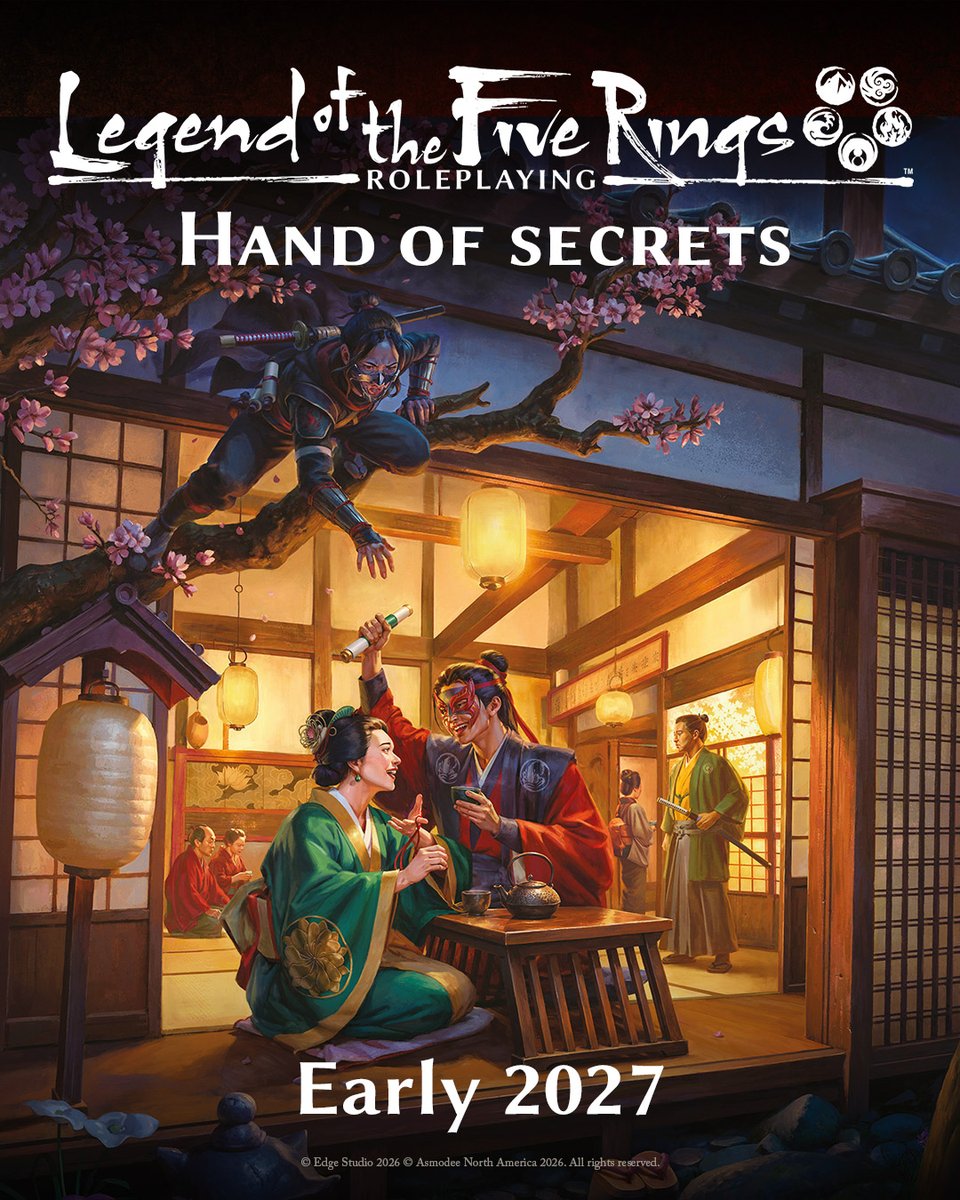 edge_english's tweet photo. The mask finally slips 🎭
At last, the final Great Clan steps from the shadows: Hand of Secrets brings the Scorpion Clan to L5R Roleplaying, alongside the cities, spies &amp; conspiracies of Rokugan. Coming Early 2027
#ttrpg #L5R https://t.co/iEnM1Yel1D