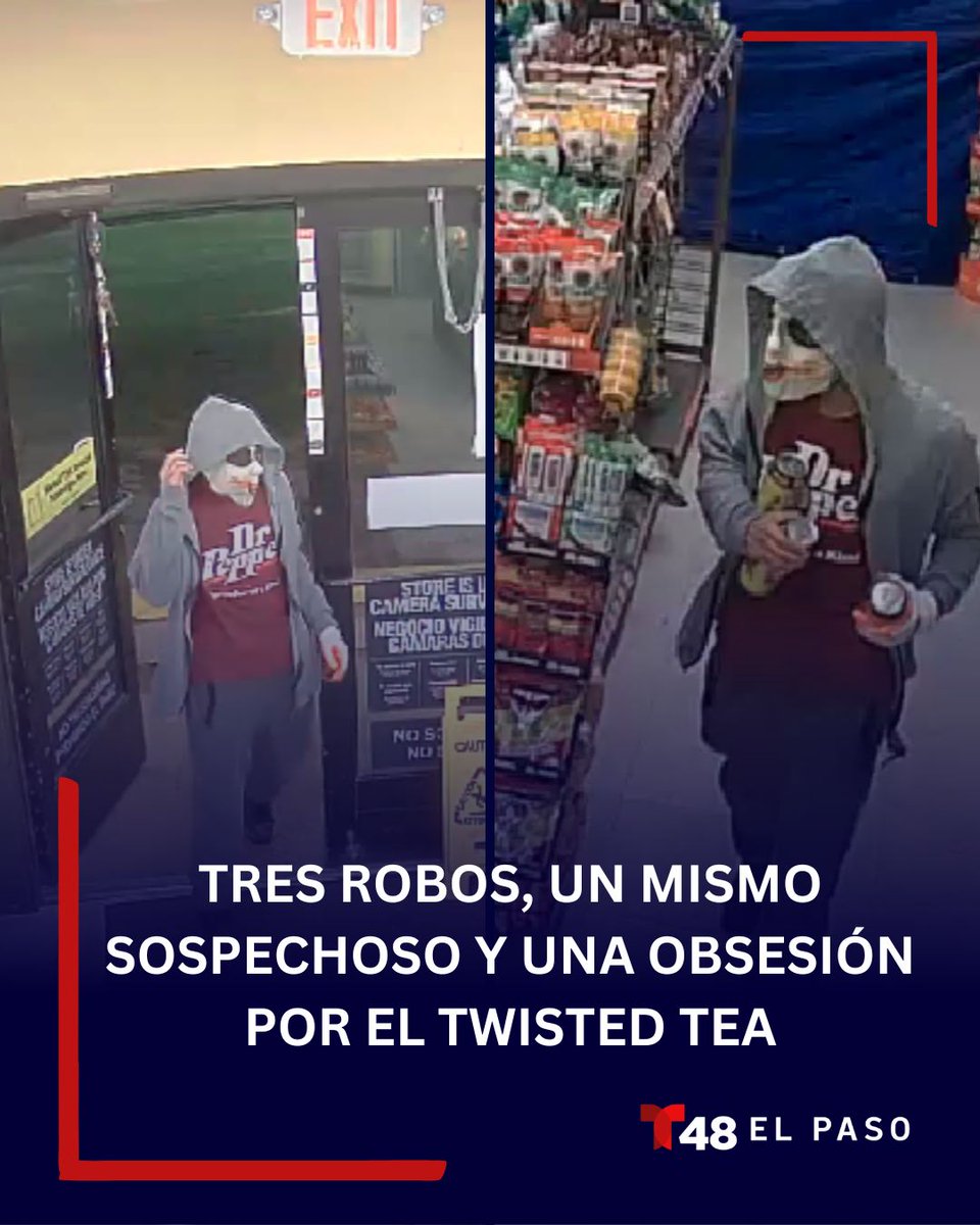 TelemundoEP's tweet photo. 🚨 ¿Una obsesión por el Twisted Tea? 

Un sospechoso enmascarado habría regresado tres veces al mismo Circle K para cometer robos. ¿Lo ha visto? 

Más aquí: https://t.co/oWLEN0jyQm

#Telemundo48EP #ElPasoTX #Alerta #SeBusca #CrimeAlert #TwistedTea https://t.co/fSRMwiHQFu