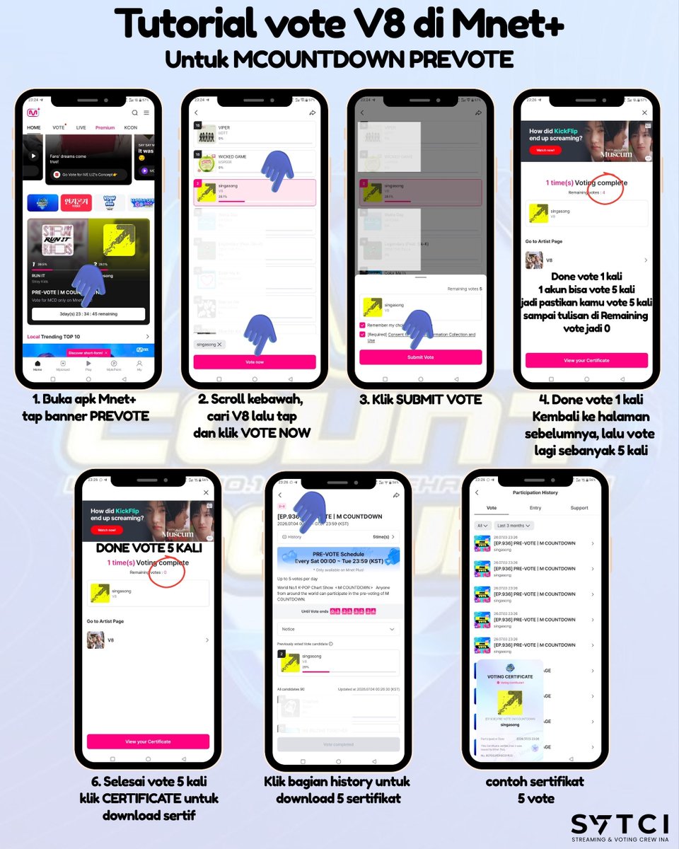17crewina's tweet photo. [𝗠𝗖𝗗 𝗣𝗥𝗘𝗩𝗢𝗧𝗘 - 𝗠𝗡𝗘𝗧]
Voting Prevote Mcountdown di aplikasi Mnet+ telah di buka����
Carat, ayo vote #V8 'singasong' sekarang👇

📅 Voting Berakhir : 7 Juli 2026 (21.59 WIB⏰) 
🗳️ 5 Vote Per Akun Per Hari 
📌 Vote Setiap hari menggunakan semua akun dan device yang kamu punya
🔗 Link Vote: https://t.co/x8jw5SajHK
🎯 Top 1 - Win dengan Gap yang besar💥
🔗 Tutorial Create Akun: https://t.co/L7PrQRxrx8

Ayo vote dan ajak lebih banyak carat untuk vote! 

#THE8 #VERNON 
#SEVENTEEN @pledis_17
#SVTCI_VOTE