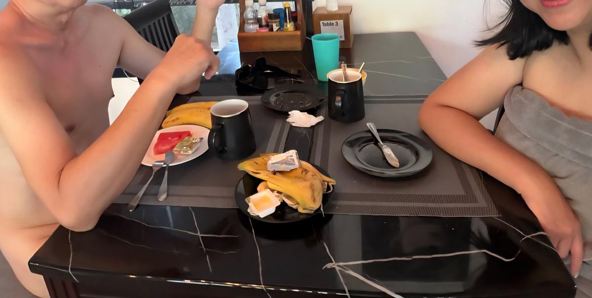 OldYellowTomcat's tweet photo. Our first breakfast at Dragonfly Naturist Village @dragonflyDNV 
Wife still shy to eat naked...
Next table the Japanese wife also covers her body with towel. There's another Thai couple sitting at a table not far away and the lady is fully naked enjoying her breakfast. https://t.co/jHQWix0mxF