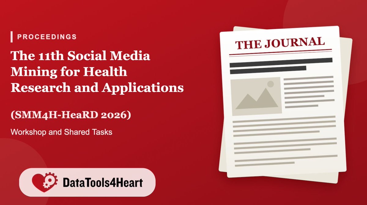 DataTools4Heart's tweet photo. The Proceedings of #SMM4H-HeaRD 2026 (ACL 2026, 3 July) are now published. Four papers by our DataTools4Heart partners feature in this year's collection, on multilingual clinical NER and corpus construction. 
 #HealthcareAI #DigitalHealth 
For more info👉 https://t.co/WukvQ3GZFH https://t.co/HCIgLAJ5WX