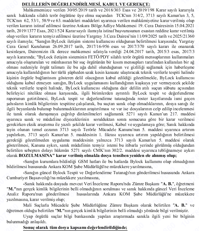SametHukuk's tweet photo. ANKARA 18. ACM

2025/653 Esas ve 2026/131 Karar
08.05.2026 Tarihli Güncel Karar

Bylock programını indirdiğini fakat örgütsel amaçlı kullanmadığını ifade eden sanığın beraatine karar verilmiştir. 

Dosyadaki diğer iddialar; Bank Asya hesap kullanımı, 17-25 Aralık süreci öncesi evde kalma ve sohetlere katılma.