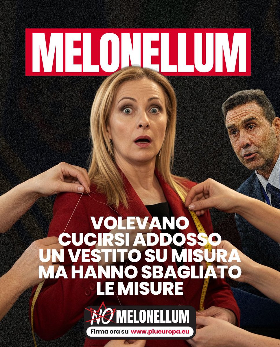 riccardomagi's tweet photo. Governo e maggioranza si erano scritti una nuova legge elettorale cucita addosso alle esigenze del centrodestra.
Come fosse un vestito su misura che gli avrebbe permesso di vincere pur prendendo meno voti delle opposizioni.

Solo una settimana fa hanno approvato in Commissione una legge che è un unicum nel globo terracqueo, un miscuglio di proporzionale dopato con un premio di maggioranza abnorme, togliendo ogni forza e libertà al voto dei cittadini, con liste super bloccate e un Parlamento eletto per trascinamento dalla figura del premier. 

Ora si stanno accorgendo di aver sbagliato le misure e sono nel panico.
Non avevano misurato l’ascesa di Vannacci che ora mette a rischio il premio per loro se non lo tengono in coalizione.  Quello delle preferenze è uno specchietto per le allodole, un pretesto: tutti sanno che il contrasto riguarda l'impianto stesso del Melonellum che oggi potrebbe farli perdere.

Adesso l’opposizione deve essere ancora più intransigente di fronte a un porcata plebiscitaria e antidemocratica che in Commissione è persino peggiorata.
Le leggi elettorali non vanno scritte per garantire di restare al potere ma per dare maggiore potere di scegliere ai cittadini.

Ecco perché continuiamo a raccogliere le firme per dire con forza #NoMelonellum