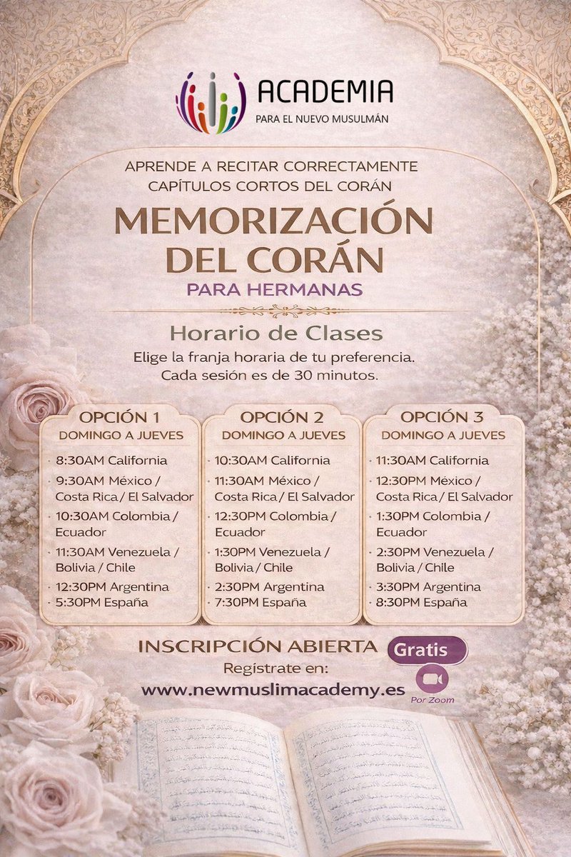 NMAespanol's tweet photo. ¿Eres nueva musulmana y quieres memorizar suras cortas del Corán? 🤍

Estas clases gratuitas para hermanas te ayudarán a avanzar paso a paso en tu aprendizaje del Corán.

✨ Elige tu horario
✨ Recibe el enlace por correo

https://t.co/QhJntgRlSJ #fe #nuevaenelislam #Quran https://t.co/oLuN90q7Af