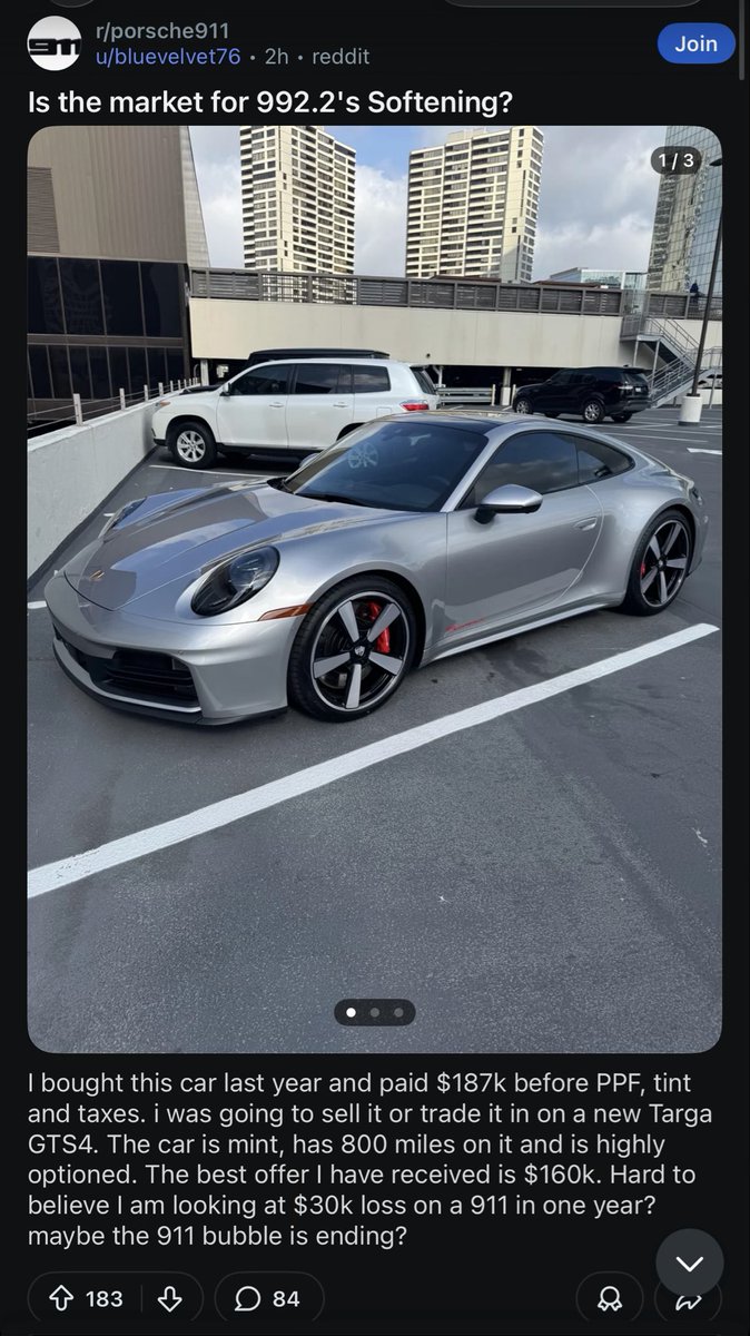 SpeedSportLife's tweet photo. This delulu Redditor drove his run of the mill Carrera S 800 miles and is surprised it’s lost 30k in value when he went to trade it in. That’s $34 a mile lol. Drive your cars. https://t.co/FjkazrCjdX