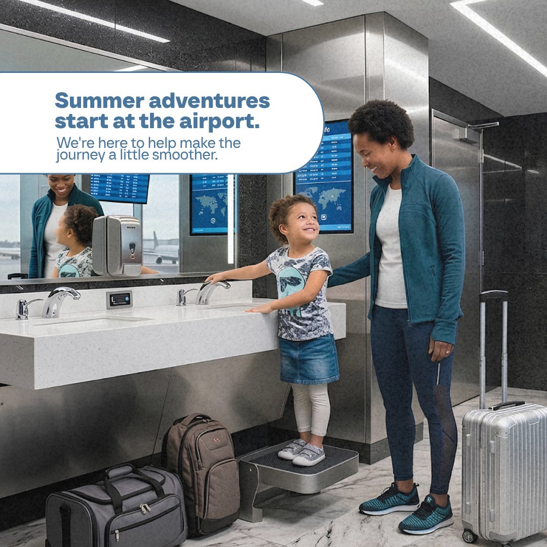 StepNWash's tweet photo. Summer travel looks a little better when spaces work for families. 💛

#StepnWash #AirportLife #Accessibility https://t.co/8ow31mdg7I