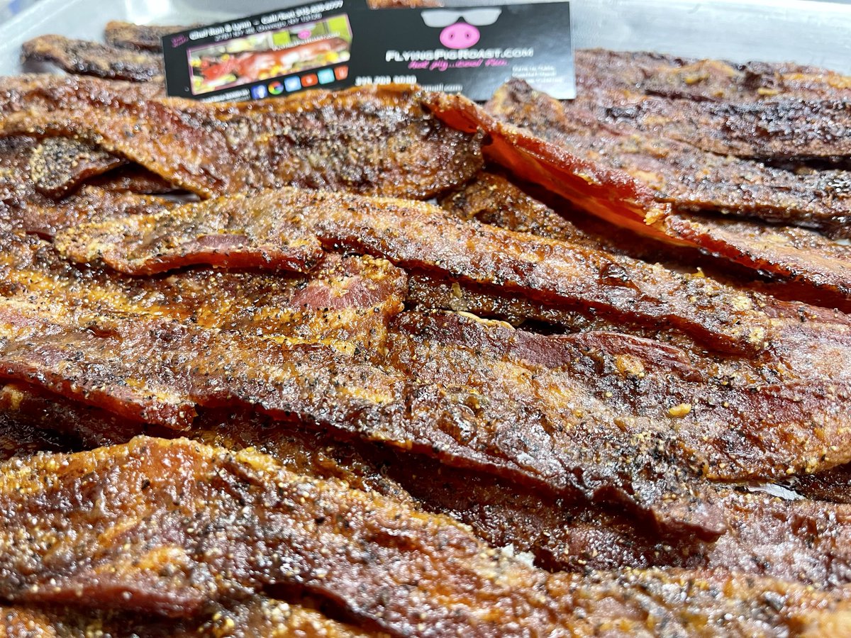 FlyingPigRoast's tweet photo. Our most American App turns 20 tomorrow! Candied Bacon, Pig Candy, AKA Applewood Smoked Brown Sugar Glazed Extra Thick Peppered Bacon. Our most requested App of all time outselling our famous “Love Rubbed Shrimp” 
🇺🇸🐽🔥🍤 https://t.co/s7UG4ExPkx