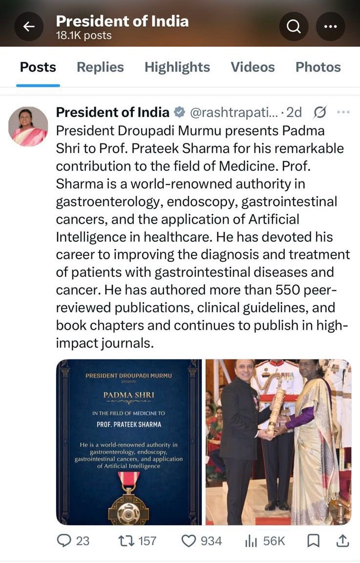 DrBloodandGuts's tweet photo. One of my endoscopy heroes, Prateek Sharma, was presented the prestigious Padma Shri for his devoted contributions to the field of gastroenterology.

What an inspiration to all of us—and a reminder to me that dedication, humility, and a lifelong commitment to advancing patient care can leave an impact far beyond our own practices. Congratulations on this well-deserved honor.