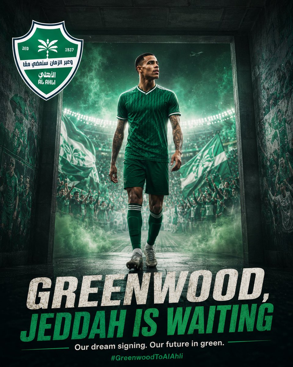iiABTA's tweet photo. Greenwood, Al Ahli fans are calling. Come to Jeddah, wear the green, and write a new chapter with us. #GreenwoodToAlAhli
- @masongreenwood https://t.co/d7vPtSN8yw