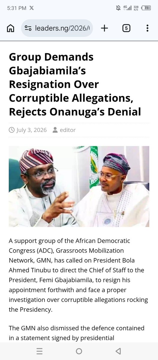 Esteembehemoth's tweet photo. Group Demands Gbajabiamila’s Resignation Over Corruptible Allegations, Rejects Onanuga’s Denial.

A support group of the African Democratic Congress (ADC), Grassroots Mobilization Network, GMN, has called on President Bola Ahmed Tinubu to direct the Chief of Staff to the https://t.co/8phhAlFhWf