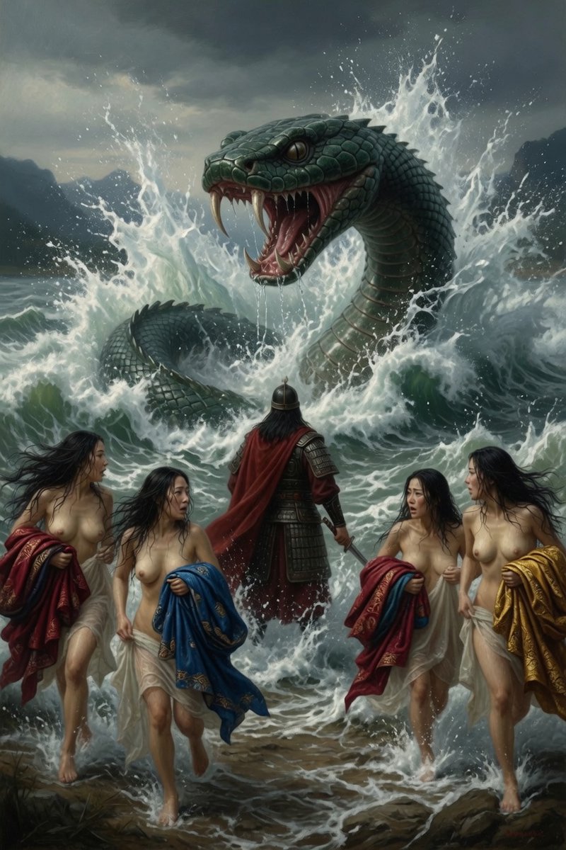 NexusAIArt's tweet photo. When the ancient serpent disturbs their peaceful bath...  
Four terrified beauties flee with whatever fabric they could grab, while a lone general stands ready to fight.

Artistic mythology ✨

#ArtisticNudity #ChineseFantasy #EpicMyth #GrokImagine #SensualArt https://t.co/ztpWmHE1Kl