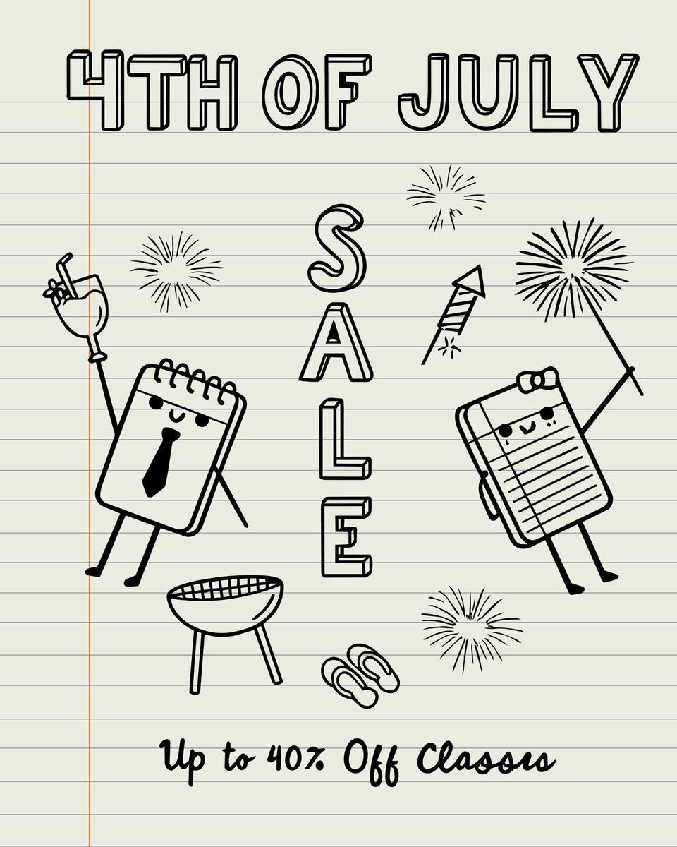WritingPadUS's tweet photo. 💥Spark it up (metaphorically)! Wishing you all a festive and creative 4th!

Up to 40% off classes (Sale expires 7/5/26)!

👉Coupons: july4 or july4plan = $100 off long classes, july4short = $40 off short classes.

Head to https://t.co/cYVJmwBaSp to use your 4th of July coupons! https://t.co/5rw9sZIRxG