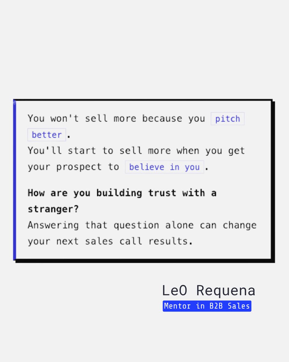 leorequena_com's tweet photo. You won't sell more because you pitch better. You'll start to sell more when you get your prospect to believe in you. How are you building trust with a stranger? Answering that question alone can change your next sales call results. https://t.co/ANWawghZnL