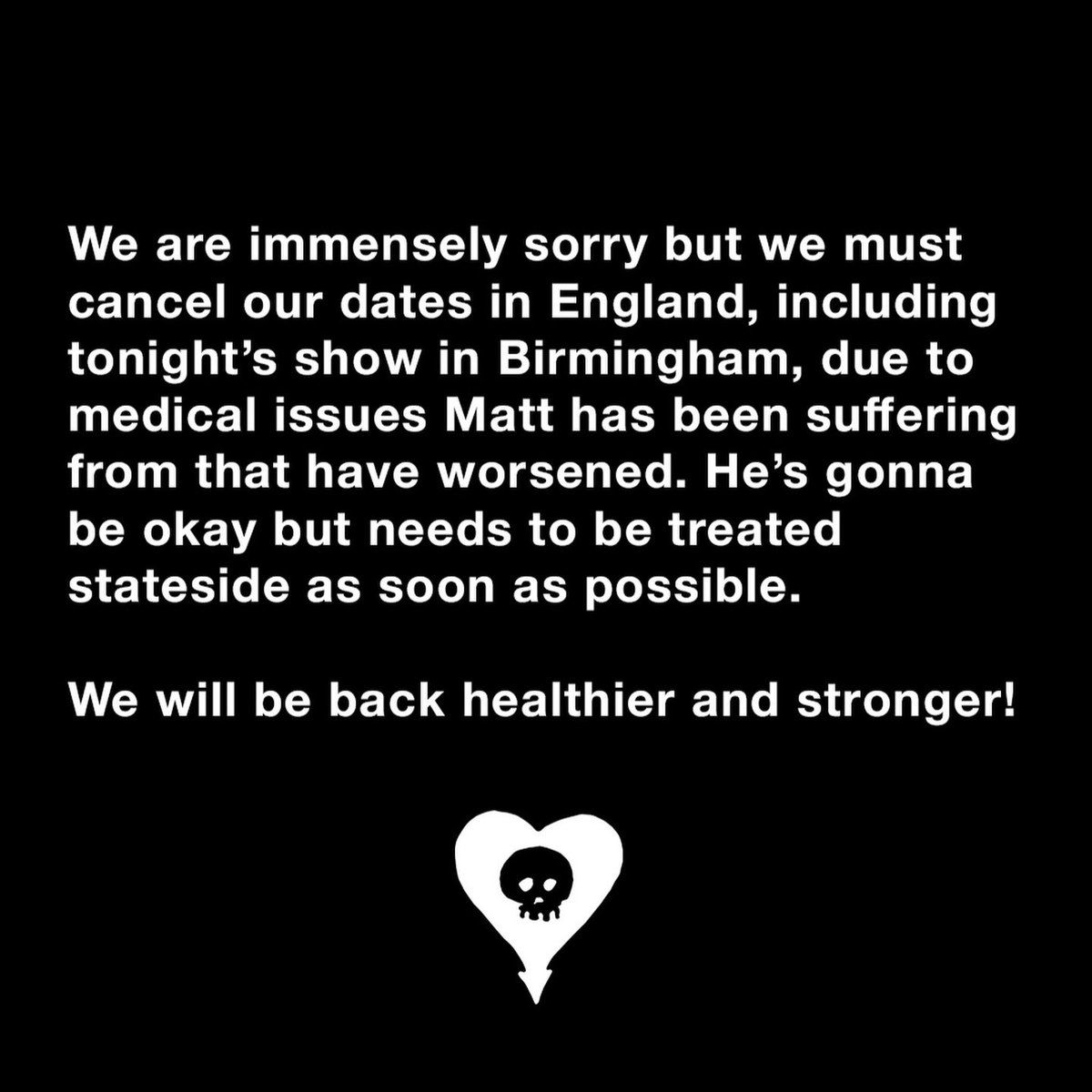 2000trees's tweet photo. We're gutted that Alkaline Trio will no longer be able to make it to 2000trees next week, but health comes first and we wish the band the best.

We're actively working on getting something awesome for you all, and you'll be the first to know - stay tuned for more info soon. https://t.co/ThWXOePKhe