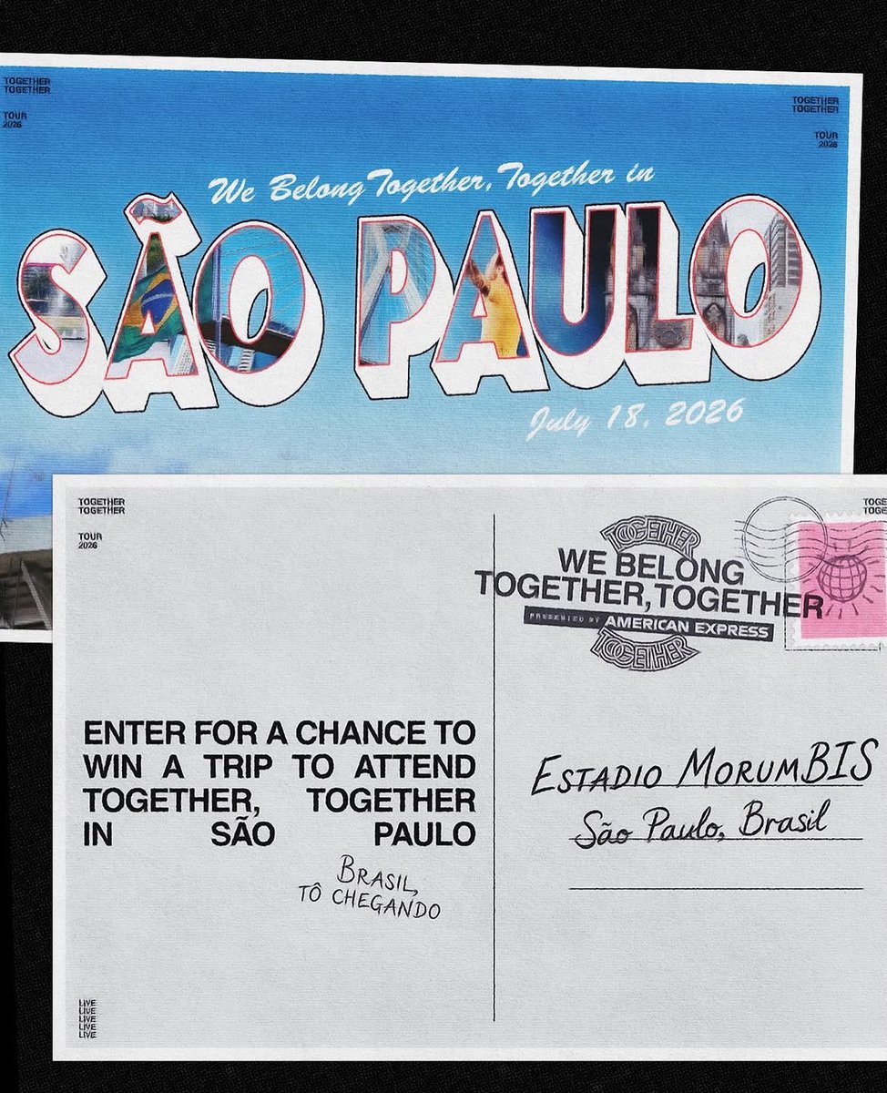 centralhshq's tweet photo. BRASIL, TÔ CHEGANDO! 😭

“ESTADIO MORUMBIS. SÃO PAULO.

Está aberta a terceira etapa da Campanha ‘We Belong Together, Together’. 

Together, Together sempre foi sobre mais do que apenas a música. É sobre o sentimento na sala quando as luzes se apagam, alcançar a mão de alguém durante a sua música favorita, milhares de vozes se unem como uma só.

É por isso que estamos em parceria com a American Express para lançar a Campanha ‘We Belong Together, Together’. Para cada cidade na turnê, vamos voar em fãs de locais selecionados ao redor do mundo que talvez não tenham conseguido garantir bilhetes, para partilhar a experiência com um amigo que eles sentem que personifica ‘Together, Together’.

Queremos dançar com todos os nossos amigos.
https://t.co/FbecvEobO7” — HSHQ via Instagram.