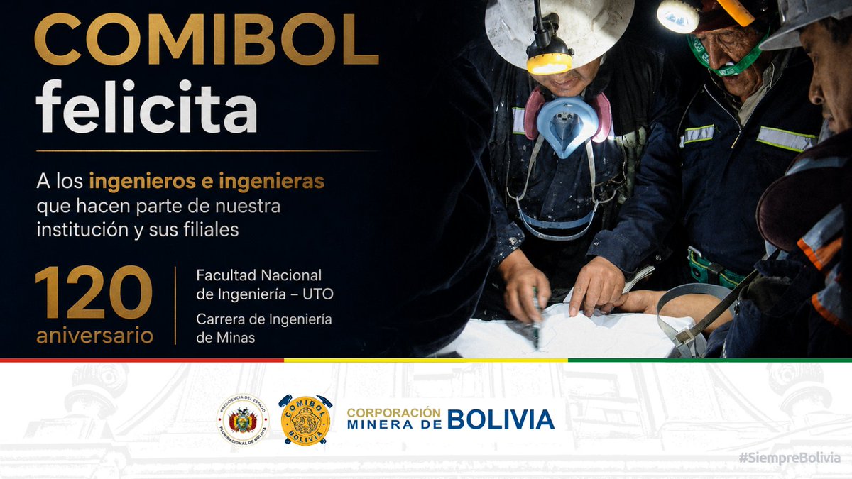 comibol_oficial's tweet photo. En ocasión del 120 aniversario de la FNI–UTO y de la Carrera de Ingeniería de Minas, el Presidente Ejecutivo a.i. de COMIBOL, Dr. Ing. José Fernando Córdova, junto al Directorio, saluda a las ingenieras e ingenieros que aportan al desarrollo minero del país.
#COMIBOL #Bolivia https://t.co/gRqOK0c8dW