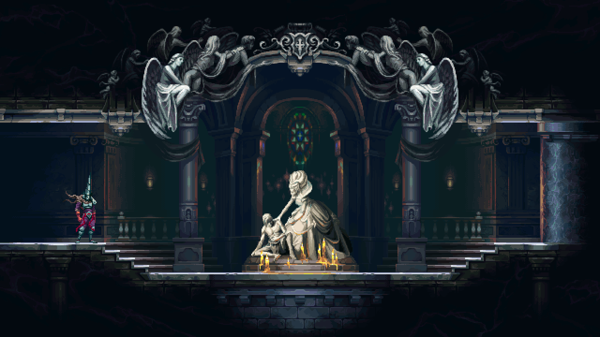 NerkinPixel's tweet photo. Statue Room, pixel art for Blasphemous II: The Third Sin #pixelart #ドット絵 #blasphemous https://t.co/VIa54gzMlp
