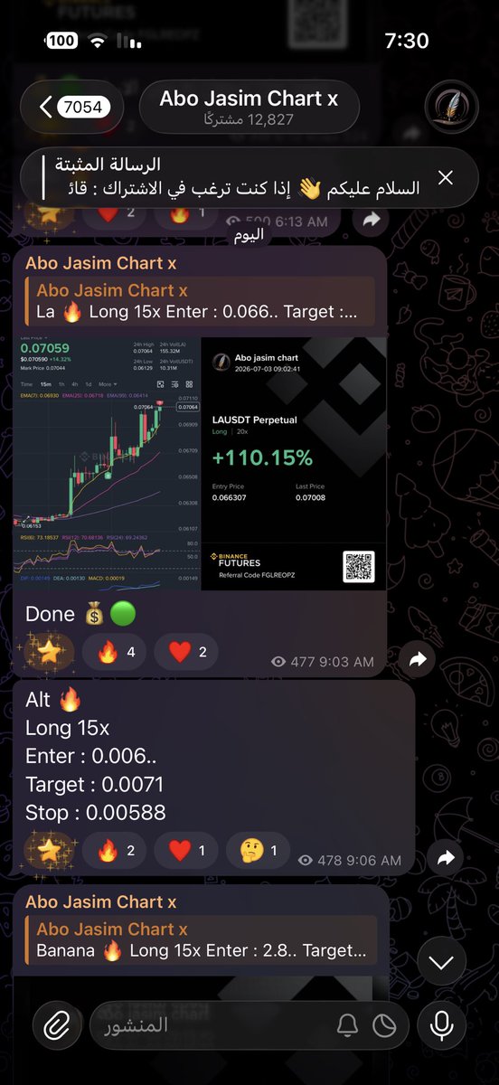 abojasimc's tweet photo. استغلال الفرص يومياً من قناتي العامة للمضاربة اخذنا اليوم فقط .. 💰
$la 110% 🟢
$banana 78% 🟢
$alt 70% 🟢

بصافي ربح 250% ..اشارك الجميع الدخول والخروج ✅
 
للمزيد من الصفقات انضم الى قناتي العامة مجاناً : 👇🏻

https://t.co/KzBCrqcAQe https://t.co/khBf0TOqus