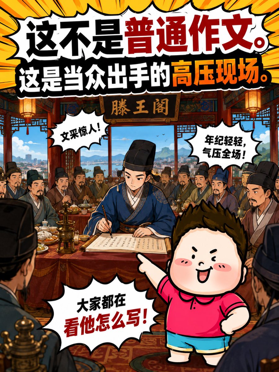 Banderhu368's tweet photo. 很多人第一次认识《滕王阁序》，不是被它美到，而是被它背到崩溃。但这篇文章最狠的地方，从来不是“难背”，而是王勃年纪轻轻，就在高压���合写出了千古名句。

一群成年人等着���他怎么写，他一出手就是“落霞与孤鹜齐飞，秋水共长天一色”。这不是普通作文，这是年轻人在命运低谷里，硬生生写出的大气象。 https://t.co/YB0cmzjPaT