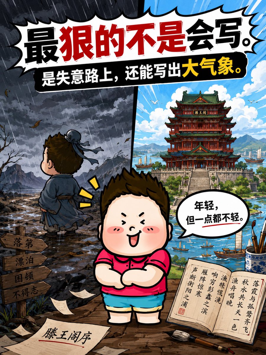 Banderhu368's tweet photo. 很多人第一次认识《滕王阁序》，不是被它美到，而是被它背到崩溃。但这篇文章最狠的地方，从来不是“难背”，而是王勃年纪轻轻，就在高压���合写出了千古名句。

一群成年人等着���他怎么写，他一出手就是“落霞与孤鹜齐飞，秋水共长天一色”。这不是普通作文，这是年轻人在命运低谷里，硬生生写出的大气象。 https://t.co/YB0cmzjPaT