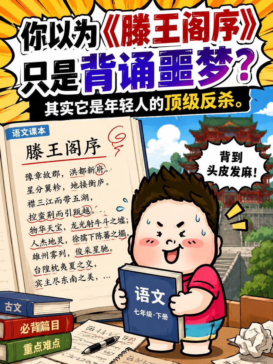 Banderhu368's tweet photo. 很多人第一次认识《滕王阁序》，不是被它美到，而是被它背到崩溃。但这篇文章最狠的地方，从来不是“难背”，而是王勃年纪轻轻，就在高压���合写出了千古名句。

一群成年人等着���他怎么写，他一出手就是“落霞与孤鹜齐飞，秋水共长天一色”。这不是普通作文，这是年轻人在命运低谷里，硬生生写出的大气象。 https://t.co/YB0cmzjPaT