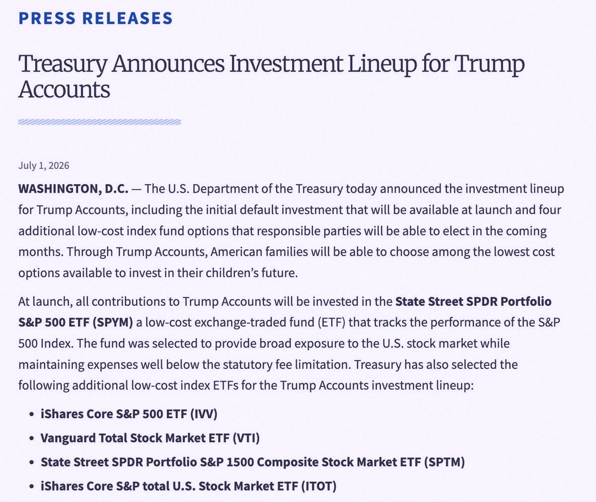 cutekimy_'s tweet photo. Every baby born in the US is getting $1,000 to invest. 💸

At first, that money goes into the State Street SPDR S&amp;P 500 ETF ($SPYM).

The Treasury picked these other low-fee index funds too:
- $IVV
- $VTI
- $SPTM
- $ITOT

All five are broad US stock market funds. Until https://t.co/Rl1I3HGMTi