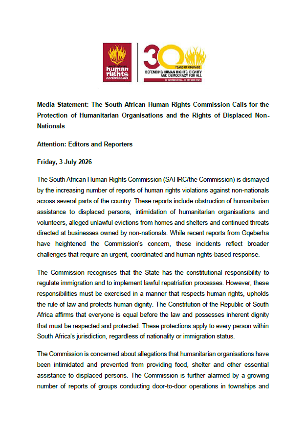 SAHRCommission's tweet photo. Media Statement: The South African Human Rights Commission Calls for the Protection of Humanitarian Organisations and the Rights of Displaced Non-Nationals https://t.co/eQ4geKUXtC