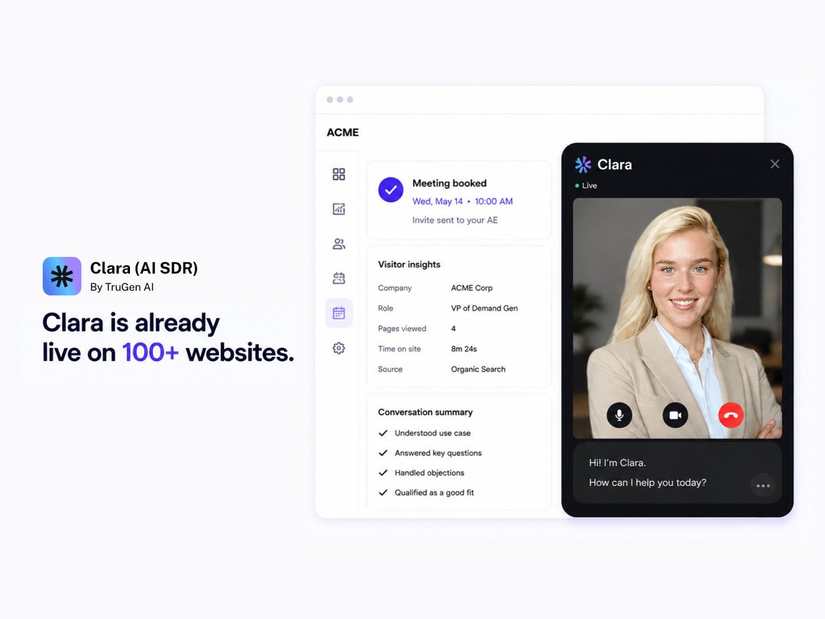 ClaraAISDR's tweet photo. Clara is already live on 100+ websites.

Running personalized demos at 2am on a Sunday. 
Engaging the VP of Demand Gen who would never fill out a form. Booking meetings from traffic that used to disappear.

If you want to see what that looks like on a site like yours, Clara is on our website right now.
Go have a conversation with her. 👇

https://t.co/RTVrxNIGj6 

#AISDR #AIAgents #DemandGen #B2BSaaS