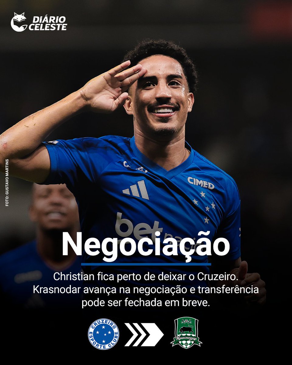 DiarioCeleste's tweet photo. ⚠️ Christian está muito próximo de deixar o Cruzeiro.

Após a saída de Kaiki, a Raposa pode perder mais um titular nesta janela de transferências. O volante tem negociações avançadas com o Krasnodar, da Rússia.

Segundo apuração da Rádio Fã, confirmada pelo Diário Celeste, o clube russo intensificou as conversas e está perto de fechar a contratação do jogador.

Titular absoluto da equipe comandada por Artur Jorge, Christian soma 33 partidas na temporada, com oito gols marcados e três assistências pelo Cruzeiro.