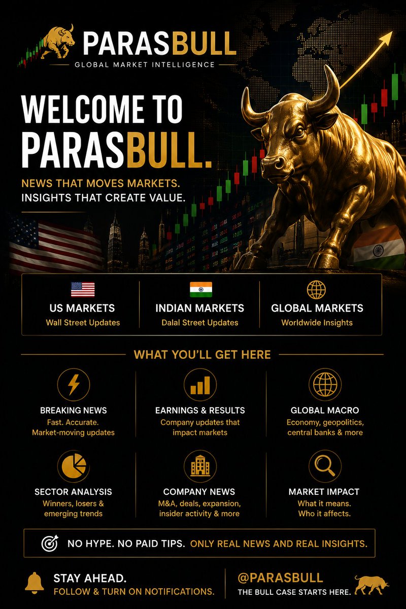 ParasBull's tweet photo. 🚨 Welcome to ParasBull.

The market doesn't move randomly—it reacts to information.

Here you'll get:

🇺🇸 US Market News
🇮🇳 Indian Market News
🌍 Global Macro & Geopolitics
📊 Earnings & Company Updates
⚡ Sector Impact Analysis
📈 What the news actually means for investors
No hype. No paid stock tips.
Just fast, reliable market intelligence that helps you understand what's moving markets.
If you want to stay ahead of market-moving news, follow @ParasBull and turn on notifications.
The bull case starts here. 🐂