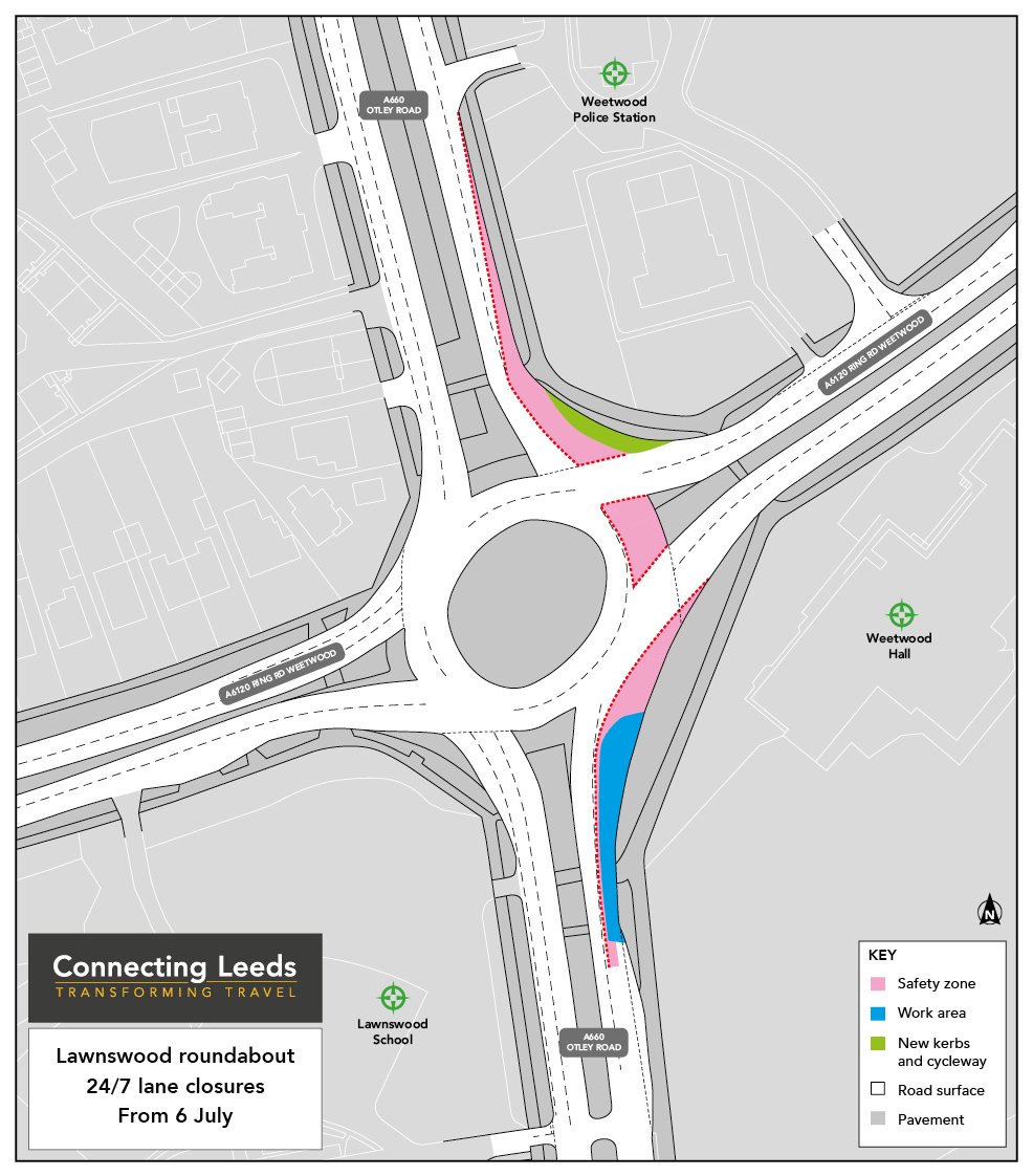 ConnectingLeeds's tweet photo. ⚠️ Plan ahead through Lawnswood Roundabout 6–24 July

The nearside lane will be closed on the A660 southbound approach/exit. And on the eastern side of the roundabout, for essential drainage works. Lane closures in place 24/7.

🚗 Expect delays &amp; allow extra journey time. https://t.co/TX6A74Wl8s