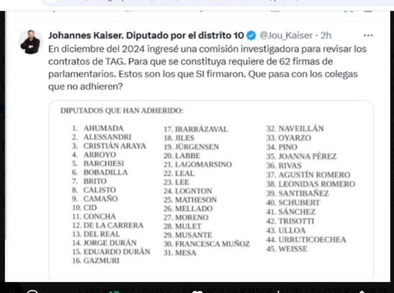 TERE_LAprofe73's tweet photo. ATENCION !!

KAISER SIEMPRE ADELANTADO !

EN DICIEMBRE DEL 2024 SE QUISO FORMAR UNA COMISION INVESTIGADORA PARA REVISAR LOS CONTRATOS DEL TAG .

DE LAS 62 FIRMAS REQUERIDAS , SOLO FIRMARON 45 PARLAMENTARIOS .

VARIOS DE ELLOS YA NO ESTAN PERO LLEGARON MUCHOS NUEVOS .

¿ QUE TAL SI SE PREOCUPAN DE UNA BUENA VEZ DE LAS NECESIDADES DEL CIUDADANO ?

¿ O VAN A SER COMPLICES DEL DOBLE COBRO DE LAS CONCESIONARIAS DE LAS AUTOPISTAS ?

EXIGIMOS TRANSPARENCIA !!

QUEREMOS COMISION !!

QUE CORRA !!

AUTOPISTAS
TAG
CORRUPCION
MINISTERIO DEL DEPORTE
MARCEL
DG MEDIOS
WALTER KLICHE
EL MERCURIO 
BORIC
SERNAC
ARGENTINA
MESSI
CABO VERDE
COLOMBIA
GANA 
MODRIC
CRISTIANO
MEPCO
TELETON

@Partido_NL 
@PRChile 
@DiputadosRN 
@diputadosudi 
@ChilePDGcl 
@PDemocratasCL